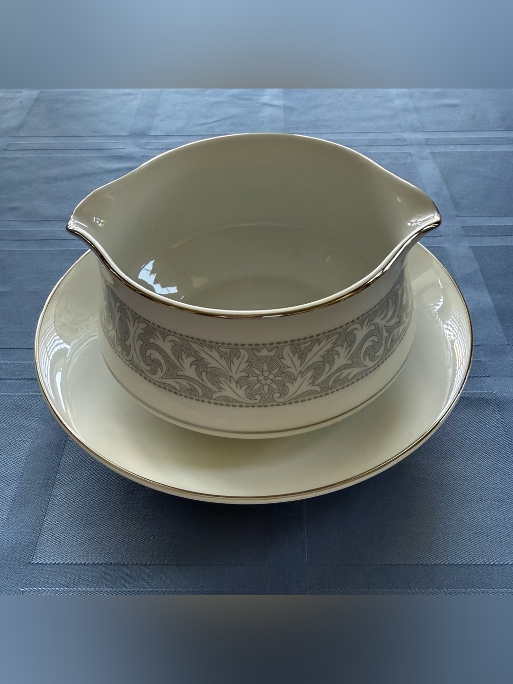 Imperial Whitney Elegant White and Silver Porcelain Gravy Boat with Underplate